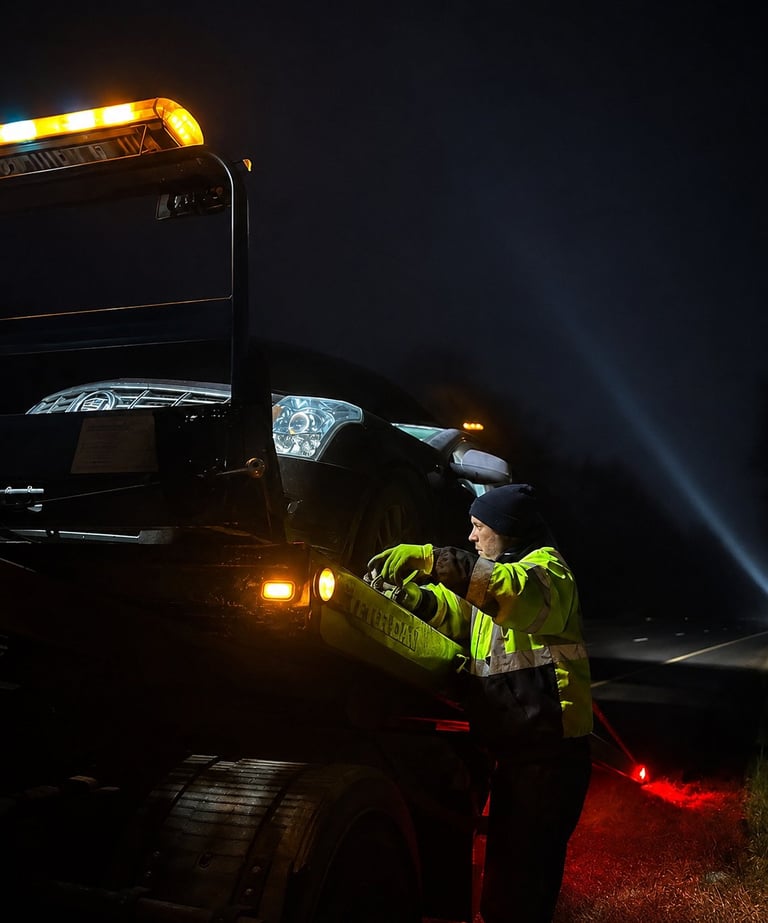 Traffic officer in yellow safety vest performing nighttime vehicle inspection with truck headlights illuminated
