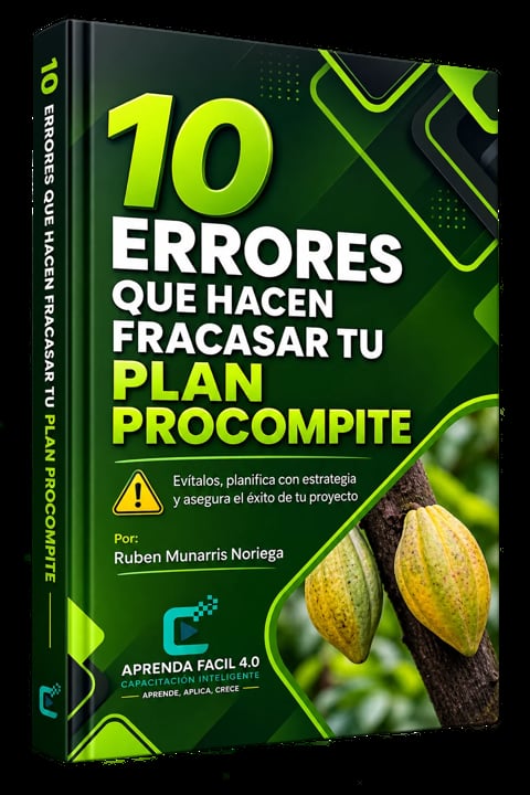Book cover 10 Errores Que Hacen Fracasar Tu Plan Procompite by Ruben Munarris Noriega with green and yellow design and cacao pods