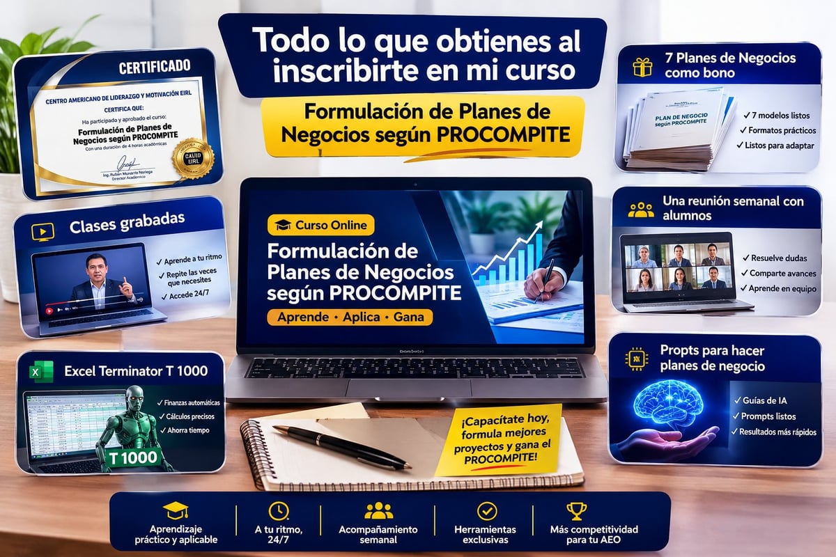 Mockup del curso: certificado, clases grabadas, Excel Termminator T 1000, reuniones semanales, 7 planes de negocio y prompts con IA