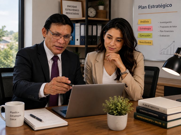 Dos profesionales revisando datos de un Plan Estratégico en una laptop, con un pizarrón al fondo con las etapas Análisis, Estrategia, Ejecución y Resultados, junto a libros de Plan de Negocios, Estrategia Empresarial y Emprendimiento
