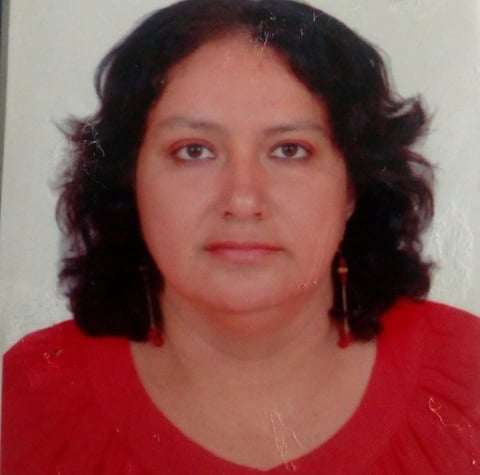 Portrait photo of a woman with dark wavy shoulder-length hair wearing a red shirt and red earrings against a light background