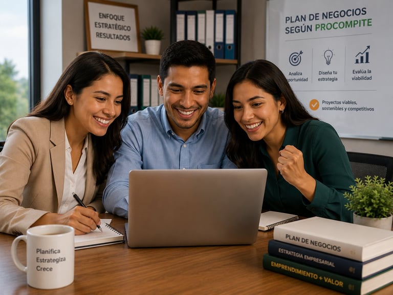 Tres profesionales sonrientes revisando un portátil juntos en una oficina con gráficos de planificación de negocios en la pared