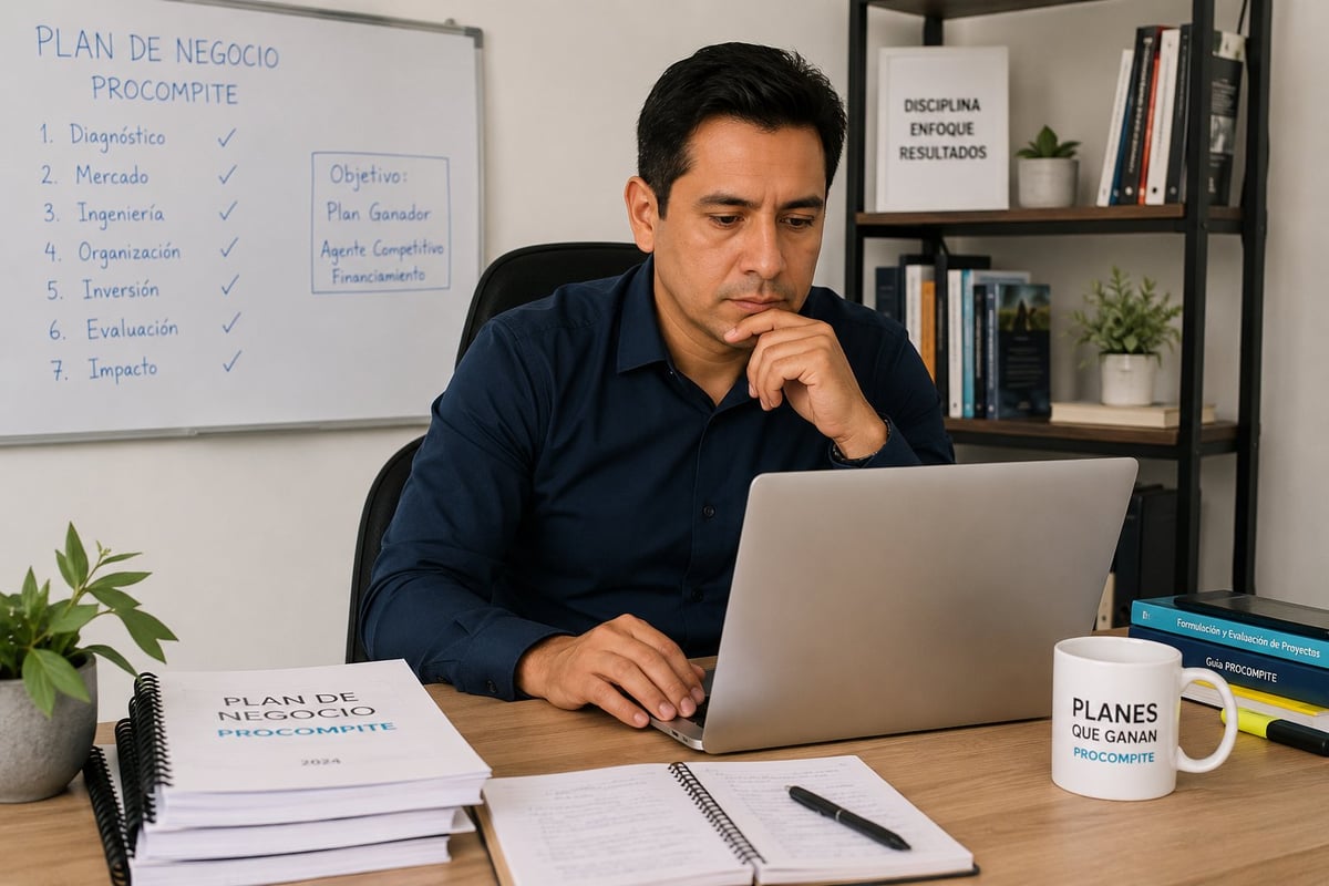 Man working at desk with laptop, business plan whiteboard visible behind, surrounded by office supplies and books