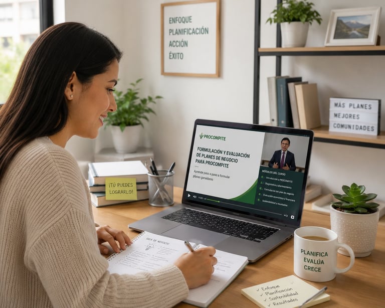 Woman taking notes at desk while watching video conference on laptop in home office setting