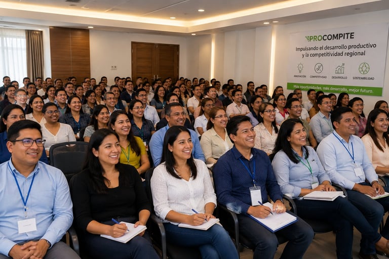 Gran audiencia de profesionales sentados en una sala de conferencias atendiendo un evento de PROCOMPITE