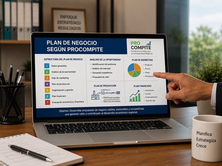 Profesional señalando en una laptop la estructura de un Plan de Negocio según Procompite: datos generales, análisis de la oportunidad, plan de marketing, plan de producción, organización, plan financiero y evaluación económica