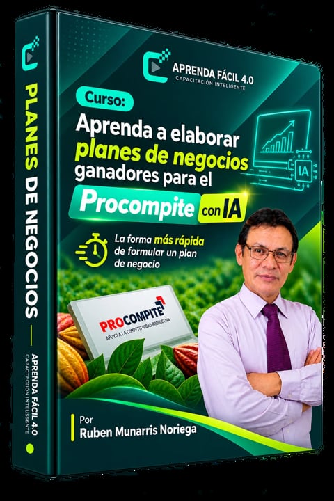 Course box for Aprenda Facil 4.0 teaching how to create winning business plans with AI and Procompite, instructed by Ruben Munarris Noriega
