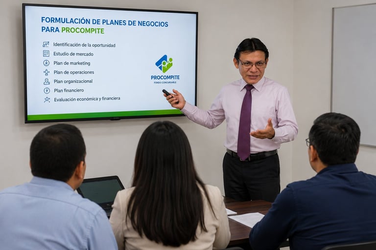 Instructor presentando una diapositiva de Formulación de Planes de Negocio para PROCOMPITE a tres profesionales sentados en una sala de capacitación