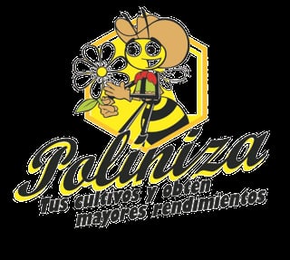 Poliniza logo featuring a cartoon bee holding a flower with yellow hexagon background and text