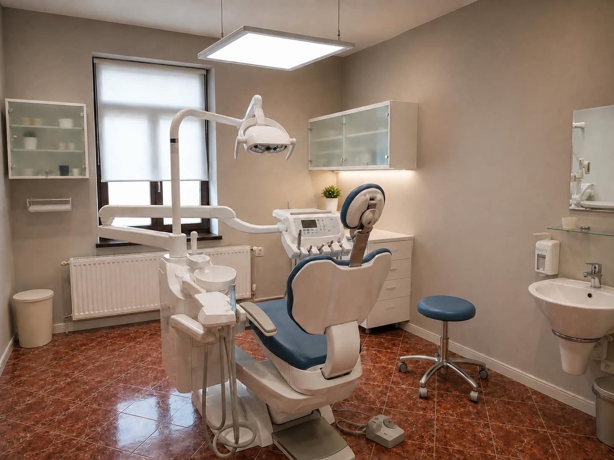 Modern dental office interior with patient chair, overhead light, dental equipment, sink, and beige walls with red tile flooring.