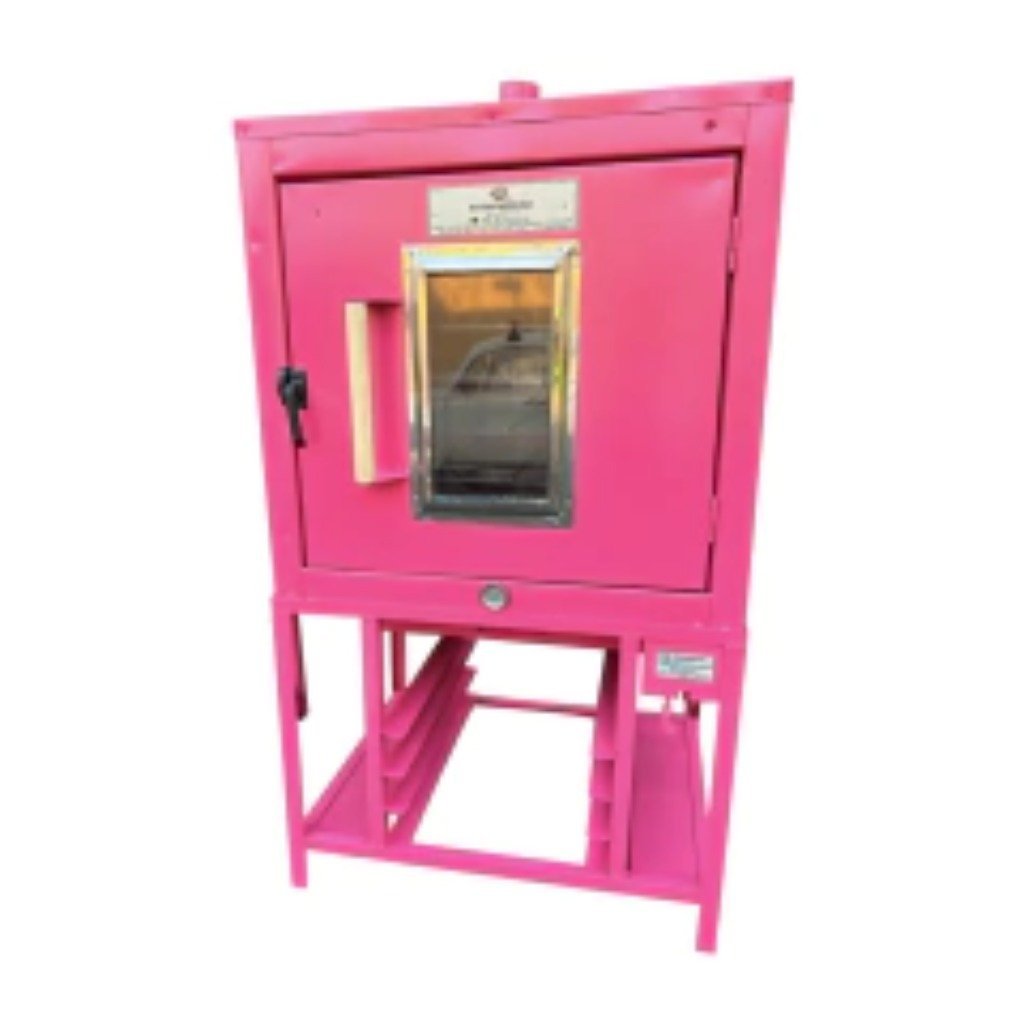 Horno vertical rosa con puerta de vidrio refractario, manija lateral y base con estructura metálica — Horno Vertical 6 Charolas Economirugo