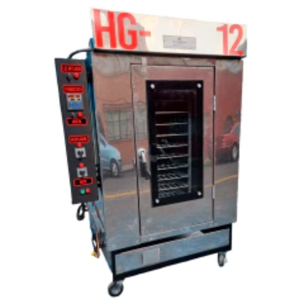 Horno de convección giratorio en acero inoxidable con rack interno visible, vidrios refractarios, panel de control lateral con branding HG+ y base con ruedas — Horno de Convección Giratorio modelo Brillante Economirugo