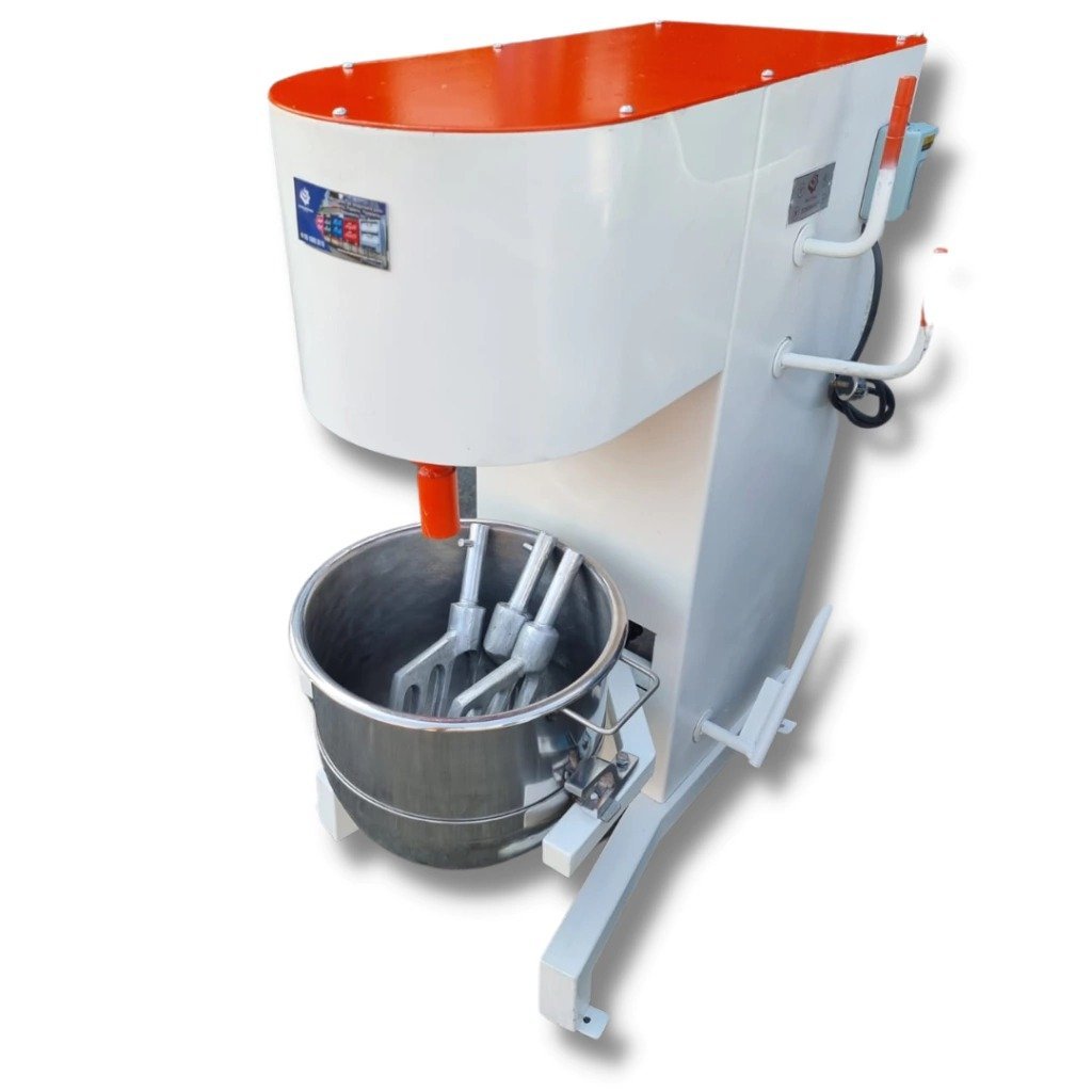 Batidora planetaria industrial con cuerpo blanco y naranja, cazo de acero inoxidable, aditamentos de globo y batidor — Batidora Placa Reforzada Economirugo