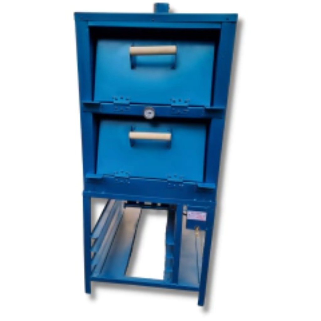 Horno de gaveta para 2 charolas con compartimentos apilados, manijas de madera y termómetro central — Horno de Gaveta 2 Charolas HG2C Economirugo