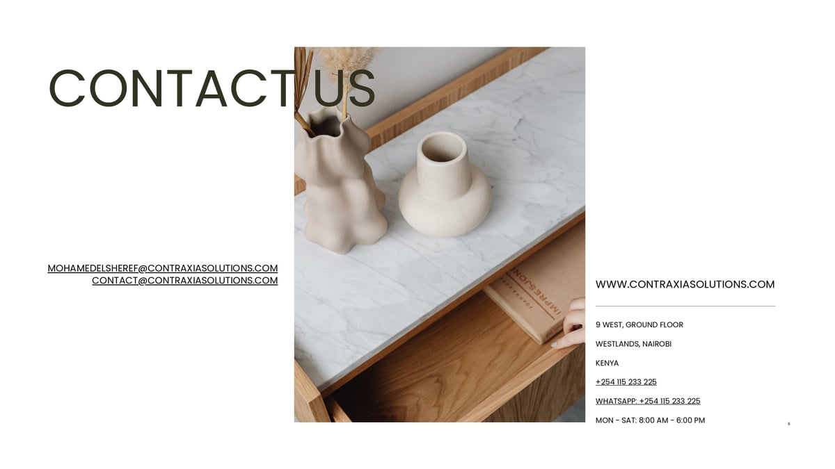 Contact Us page with minimalist aesthetic - white marble surface, wooden handles, and ceramic vessels