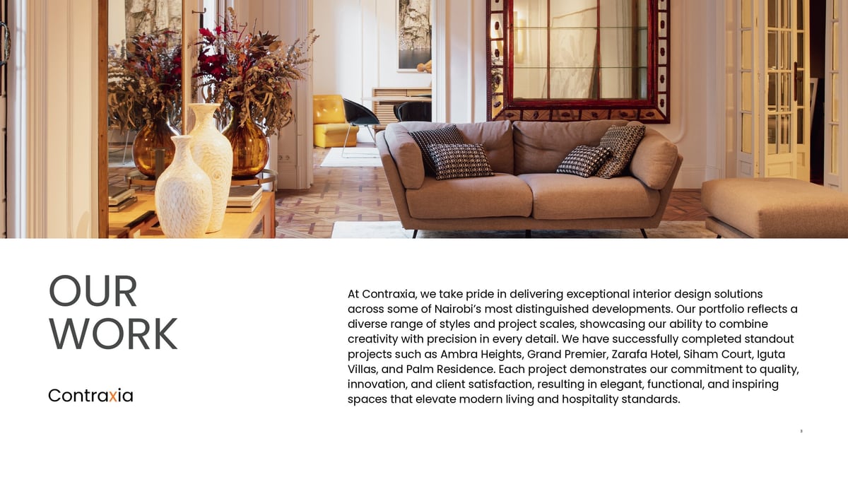 Luxury interior design portfolio showing elegant living room with brown sofa, decorative vase, and modern home furnishings