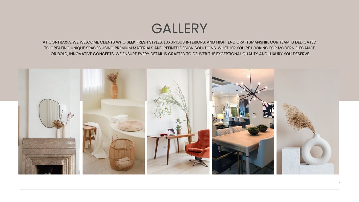 Gallery section displaying six interior design images showcasing home decor, furniture, and modern design