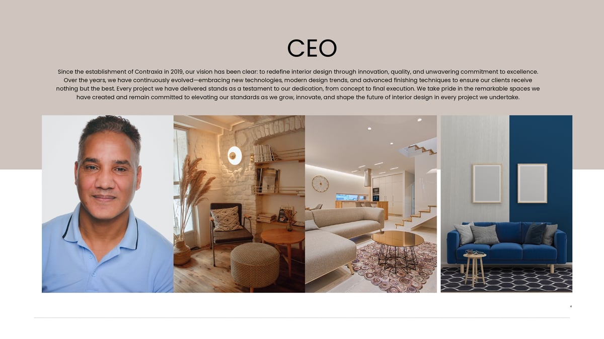CEO profile section with a headshot and three interior design room images featuring modern furniture and decor