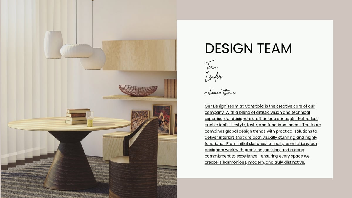 Modern dining room with round table and pendant lights beside a white Design Team profile card