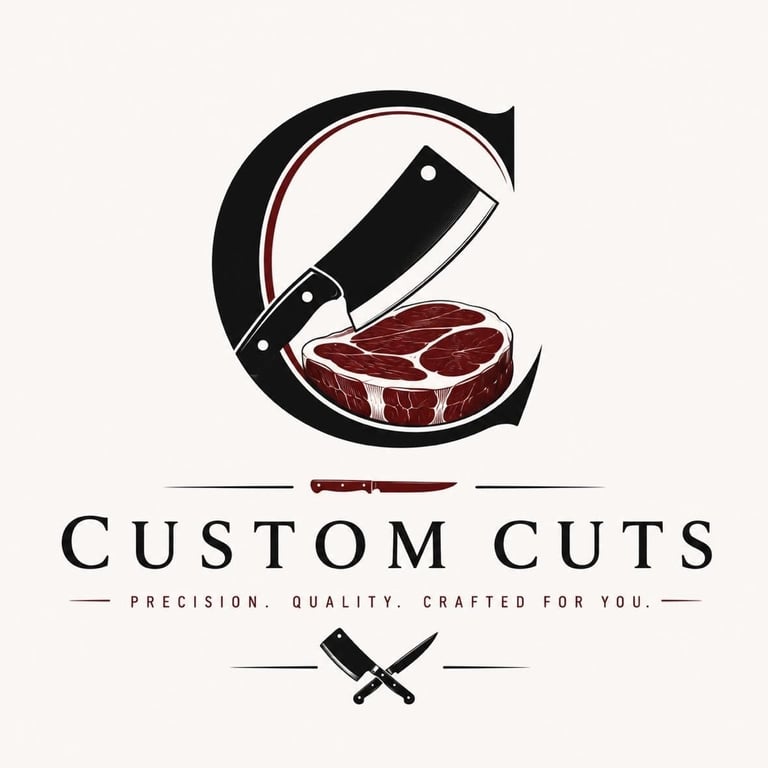 Custom Cuts butcher shop logo featuring stylized C with cleaver knife and red meat steak