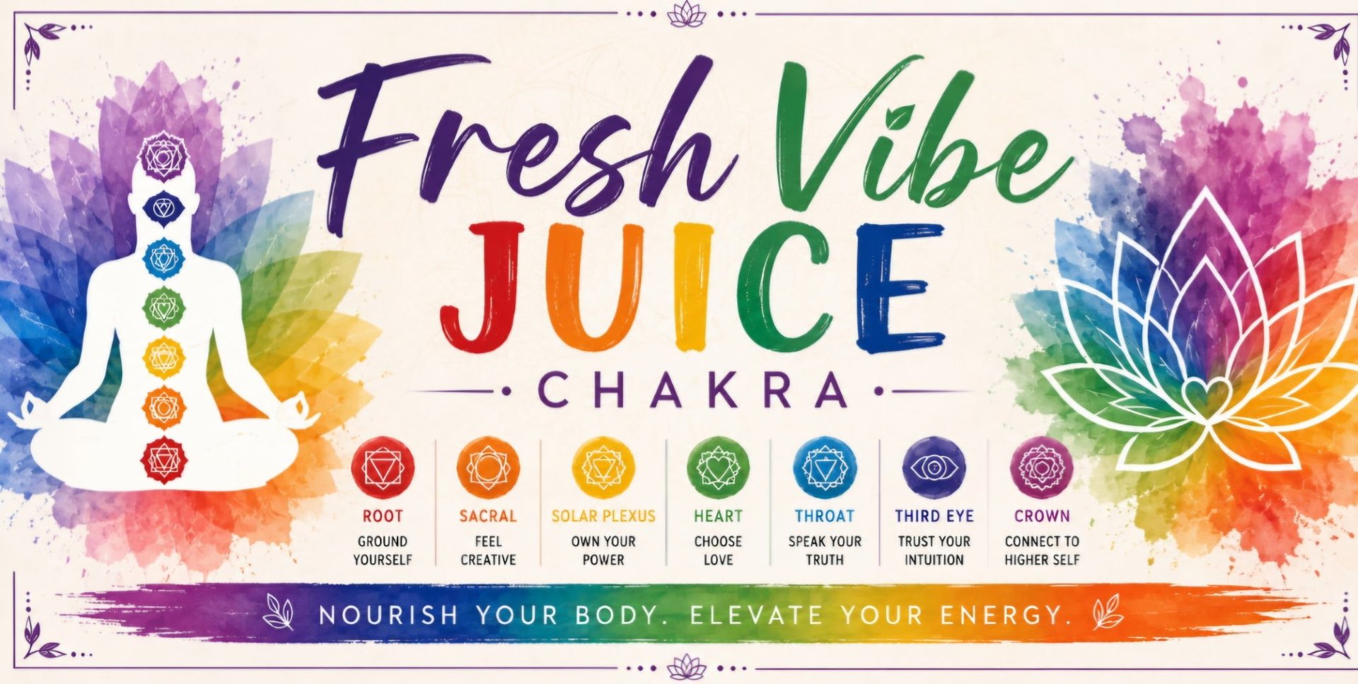 Fresh Vibe Juice Chakra infographic showing seven chakra symbols with colors, chakra names, and benefits for body and energy