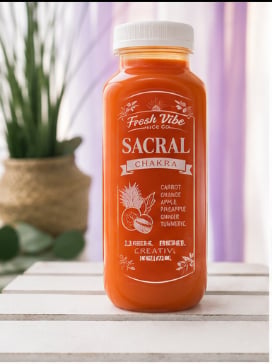 Bottle of Fresh Vibe Sacral juice on white surface with potted plant and purple background
