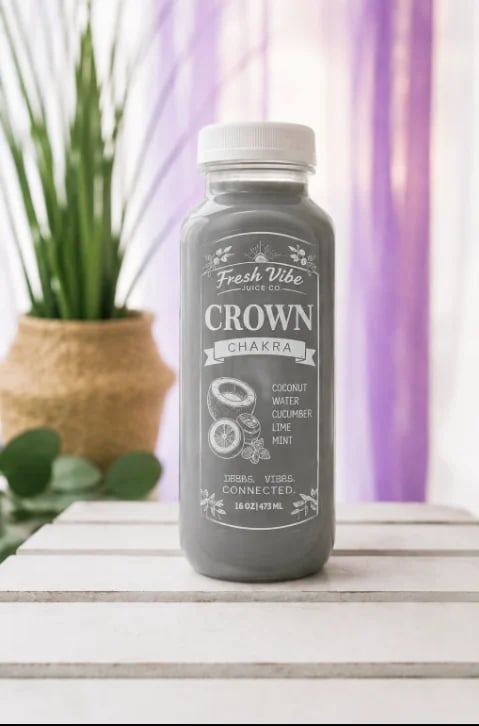 Fresh Vibe Crown Chakra beverage bottle on white shelf with potted plant and purple background
