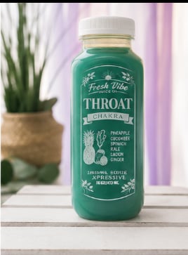 Green juice bottle labeled Throat with wellness ingredients on wooden surface next to potted plant