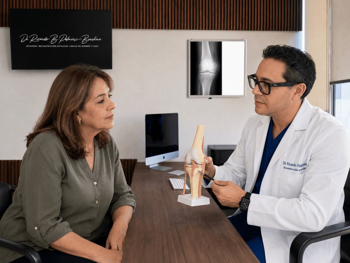 Dr. Ricardo Palmieri explicando diagnóstico articular a paciente con modelo de articulación en consultorio