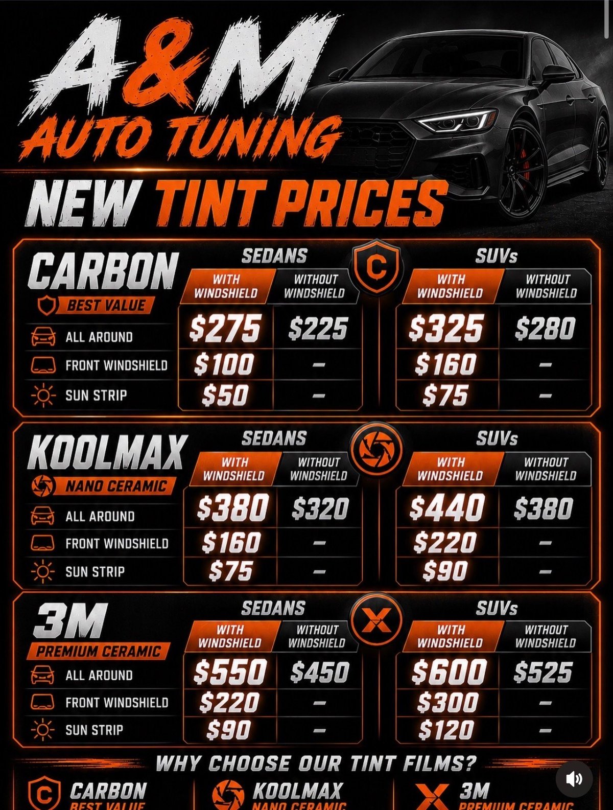 A&M Auto Tuning pricing chart for window tint films showing Carbon, Koolmax, and 3M options for sedans and SUVs with and without windshields