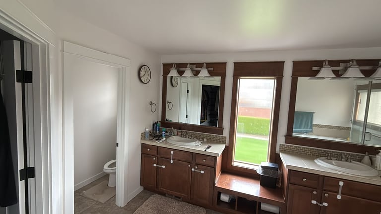 Modern bathroom with dual vanities, dark wood cabinets, large mirrors, and windows overlooking outdoor landscape