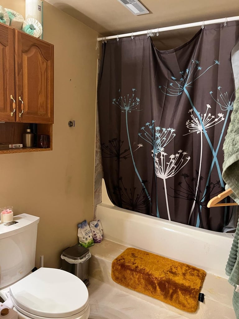 Bathroom with brown shower curtain and white tub