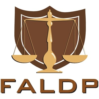 FALDP logo featuring golden scales of justice on a brown shield background with text below