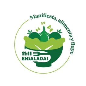 Logo for 11:11 Ensaladas showing a bowl of leafy greens with text Manifiesta abundancia
