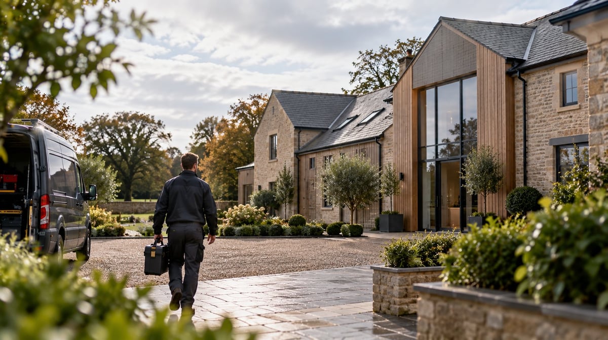 Maintenance operative walking toward a modern stone residential property