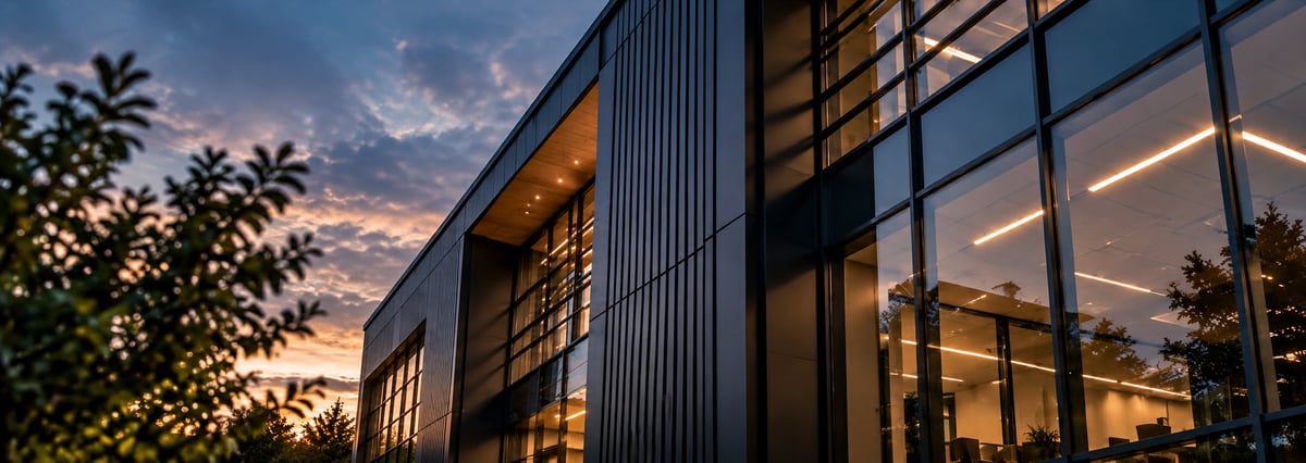 Modern building with glass windows and metal corrugated facade illuminated at dusk with dramatic sunset sky