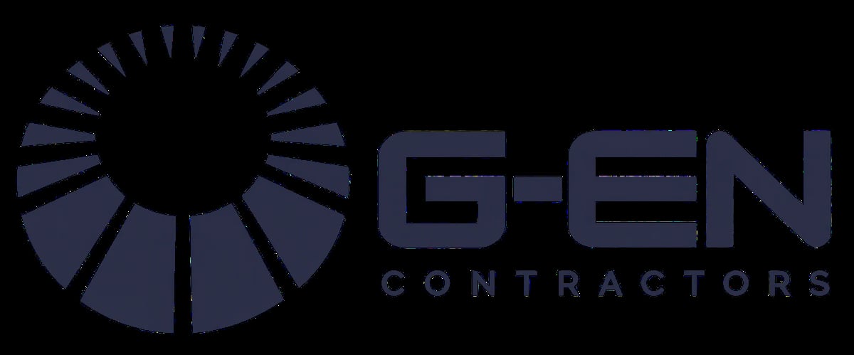 G-EN Contractors logo featuring a dark blue circular sunburst design next to company name text
