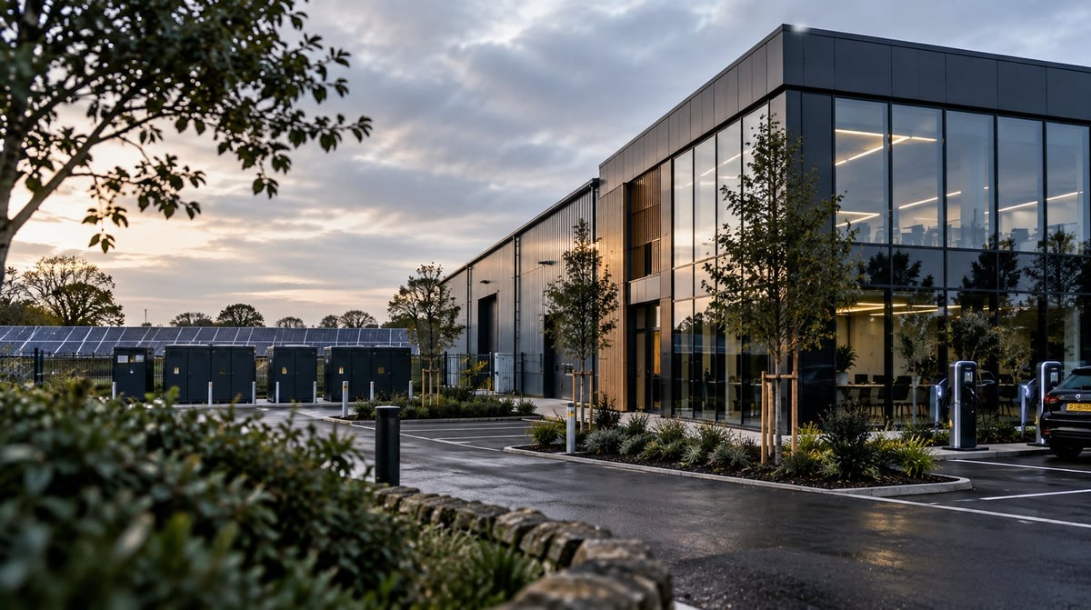 Modern commercial building with black frame and glass facade, surrounded by landscaping and trees at dusk