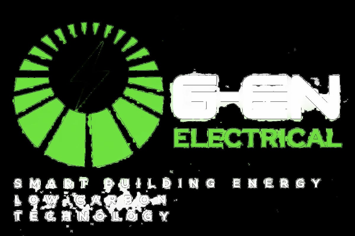 G-EN Electrical logo with green circular sun design and tagline about smart building energy and carbon technology
