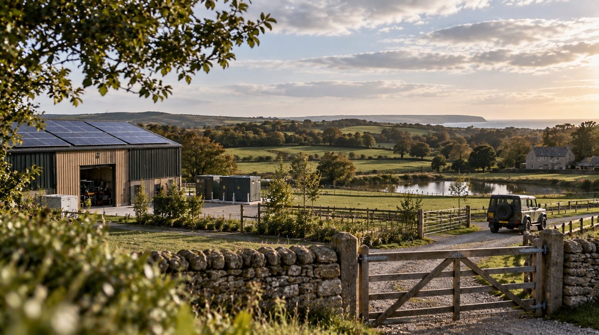 Modern rural farmhouse in rolling countryside