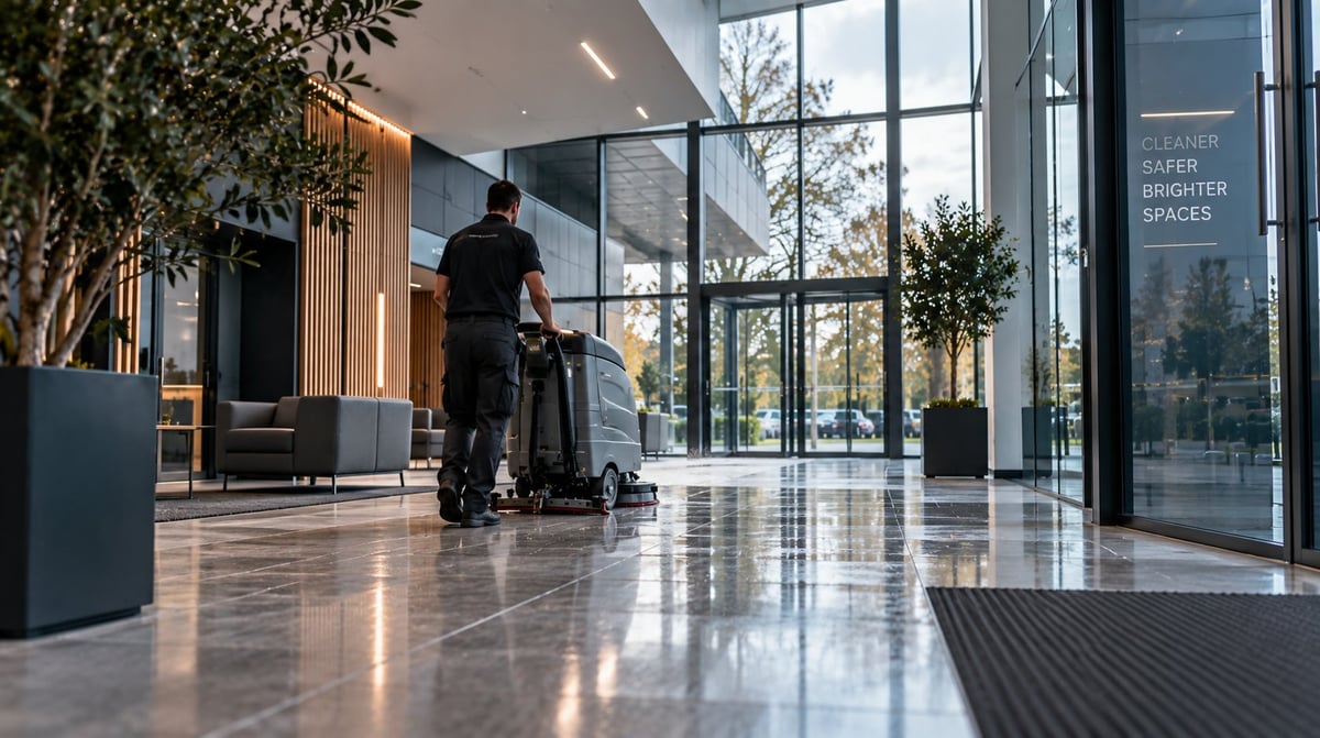 Cleaning operative polishing a modern office lobby
