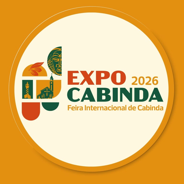 EXPO 2026 Cabinda logo featuring colorful geometric design with Portuguese text on golden circular background