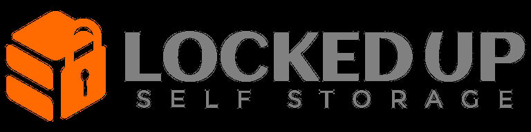 Locked Up Self Storage logo featuring an orange padlock icon with gray text on black background