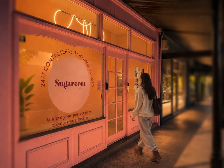 Person standing outside a pink-orange storefront with neon CAM sign and Sugarcoat beauty product advertisement at night