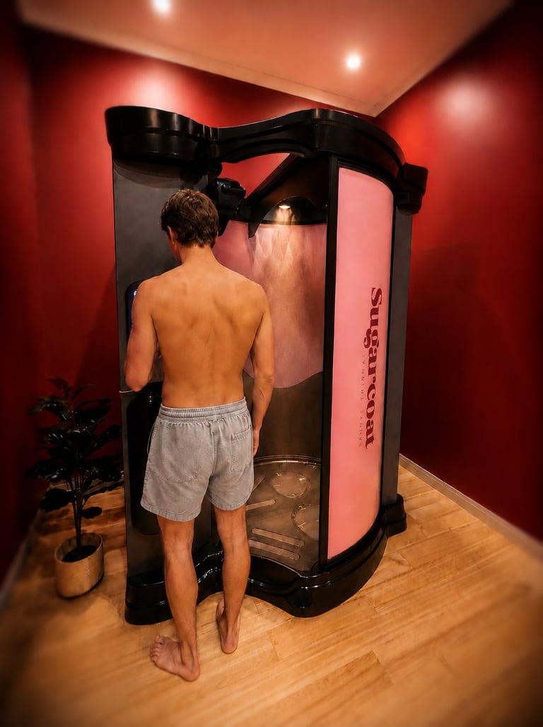Shirtless man using a cylindrical Sugarcoat booth in a red-walled room with wooden flooring