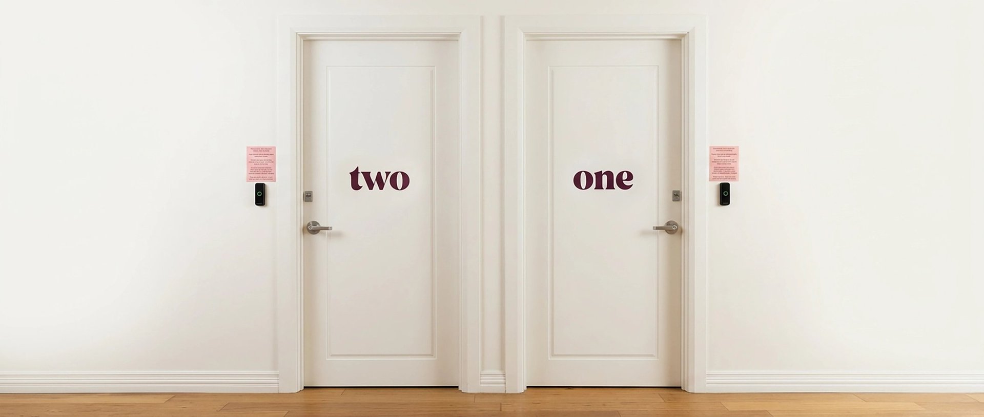 Two white doors labeled one and two with pink signs above them on a white wall with wooden flooring