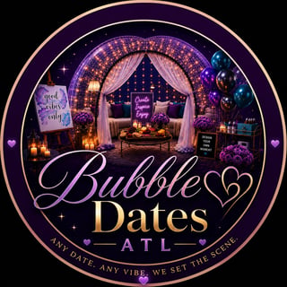 Bubble Dates ATL logo featuring an elegant lounge setting with purple decor, string lights, and romantic ambiance for dating events in Atlanta