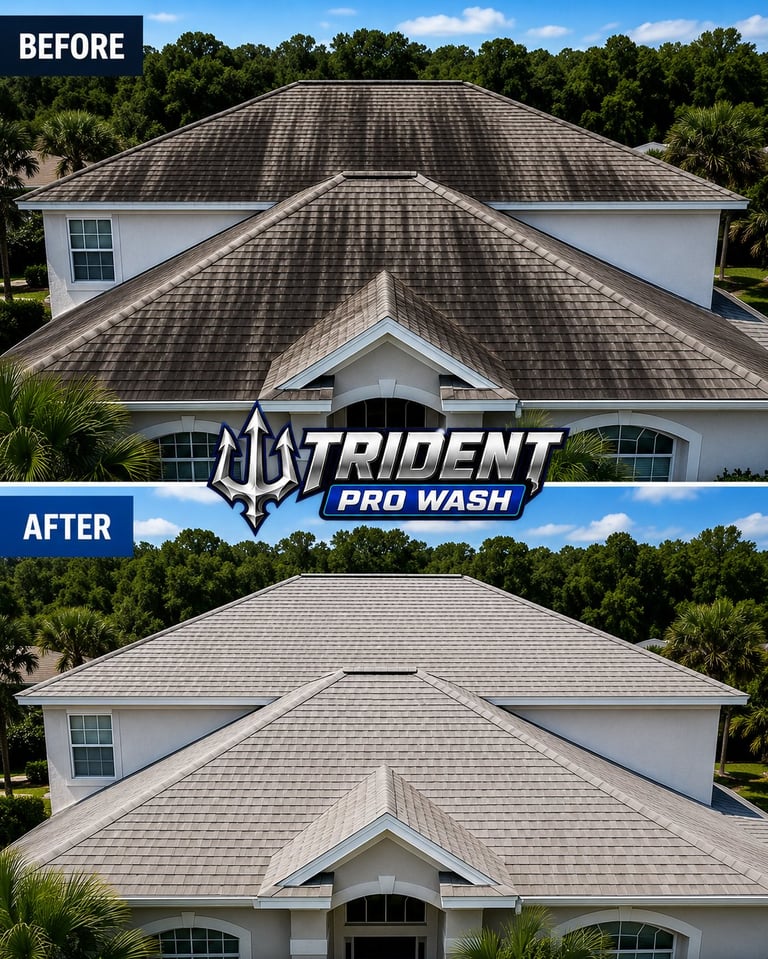 Before and after roof cleaning comparison showing darkened shingles transformed to clean light gray by Trident Pro Wash professional cleaning service