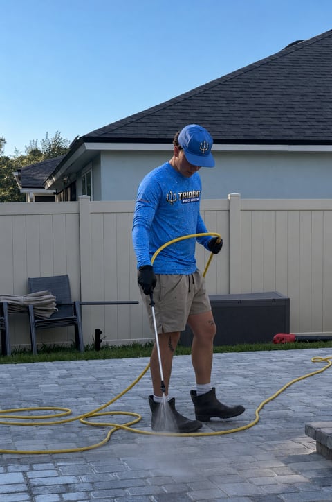 Man in blue shirt and cap pressure washing a patio with a yellow hose in front of a house