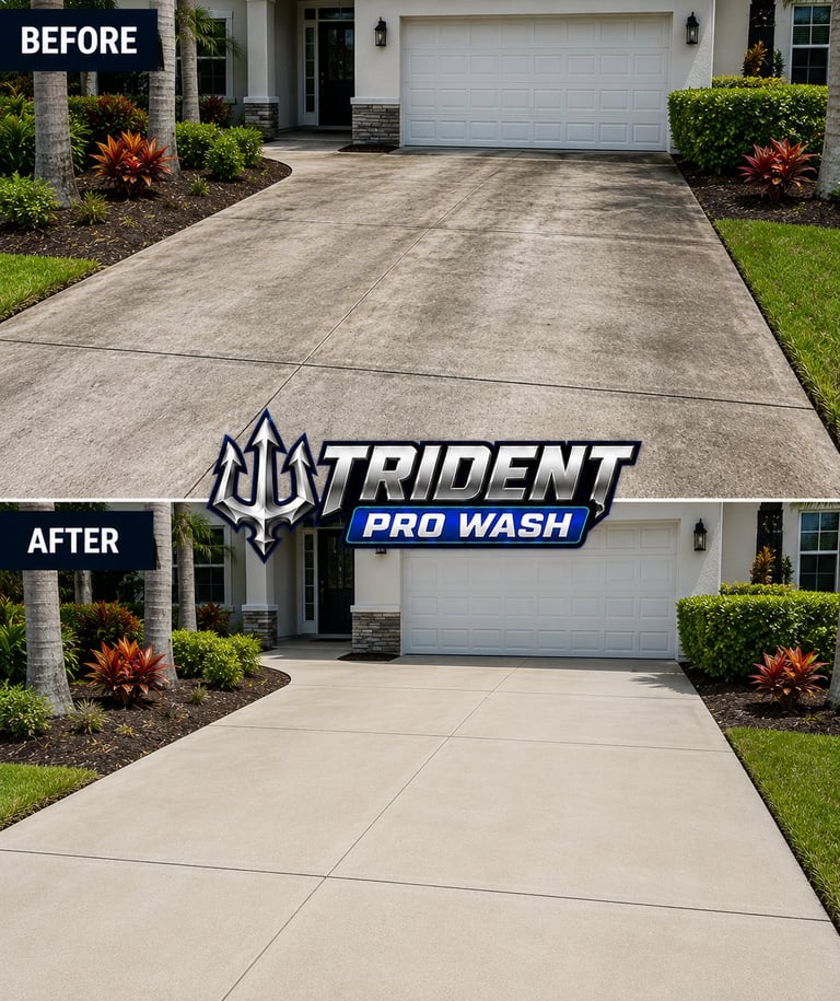 Before and after comparison of driveway cleaning by Trident Pro Wash, showing dirty concrete transformed to pristine clean surface